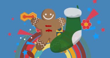 70 'lerin geçmişe dönük animasyonu Noel çorabı ve zencefilli kurabiye adam kurabiyesi. 1970 'lerin harika tatil sanat videosu. Minimalist Vintage tasarımı, eski moda renk çizimi.