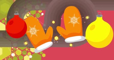 Mitten Eldiven ve Noel süsleme balosuyla 70 'lerin geçmişe dönük animasyonu. 1970 'lerin harika tatil sanat videosu. Minimalist Vintage tasarımı, eski moda renk çizimi.