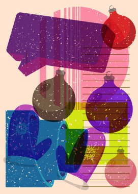 Risograph Mitten Eldiveni ve geometrik şekilli konuşma balonlu Noel süsleme topu. Geometri elemanları ile modayı gösteren riso grafik desen tasarımı nesneleri.