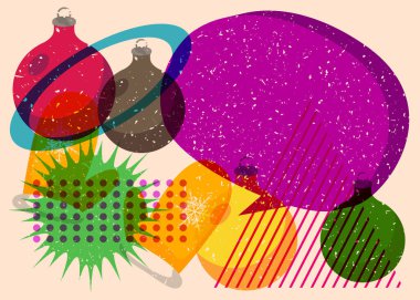 Risograph Mitten Eldiveni ve geometrik şekilli konuşma balonlu Noel süsleme topu. Geometri elemanları ile modayı gösteren riso grafik desen tasarımı nesneleri.