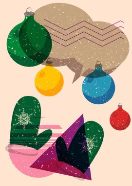 Risograph Mitten Eldiveni ve geometrik şekilli konuşma balonlu Noel süsleme topu. Geometri elemanları ile modayı gösteren riso grafik desen tasarımı nesneleri.