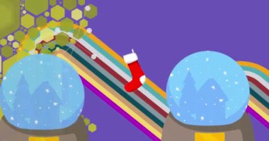 70 'lerin geçmişe dönük animasyonları, Noel çorapları ve Kar Küresi. 1970 'lerin harika tatil sanat videosu. Minimalist Vintage tasarımı, eski moda renk çizimi.