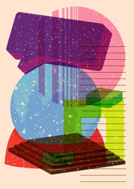Geometrik şekilli konuşma baloncuklu Risograph Kar Küresi. Geometri elemanları ile modayı gösteren riso grafik desen tasarımı nesneleri.
