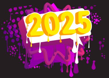 2025 Graffiti etiketi. Soyut modern sokak sanatı dekorasyonu kentsel resim tarzında gerçekleştirildi.