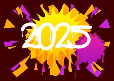 2025 Graffiti etiketi. Soyut modern sokak sanatı dekorasyonu kentsel resim tarzında gerçekleştirildi.