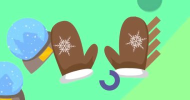 Mitten Glove ve Snow Globe geometrik grafik retro tatil temalı arka plan videosu. Minimum geometrik elementler animasyonu. Klasik soyut şekiller reklam için resimleme.