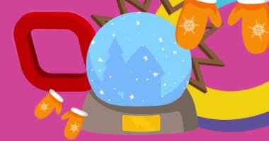Mitten Glove ve Snow Globe geometrik grafik retro tatil temalı arka plan videosu. Minimum geometrik elementler animasyonu. Klasik soyut şekiller reklam için resimleme.