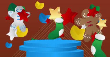 Noel çorabı ve zencefilli kurabiyeli kurabiye sergisi. Animasyon silindiri kaide podyumu. Sunum için sahne gösterisi videosu. En küçük geometrik biçimlerin taşınması.