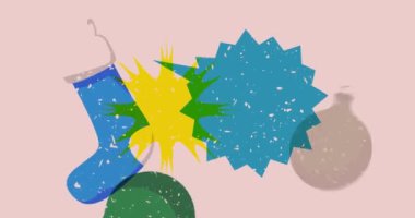 Risograph Noel çorabı, dekorasyon topu ve geometrik şekilli konuşma balonu animasyonu. Moda riso grafik tasarım videosunda nesne taşınıyor.