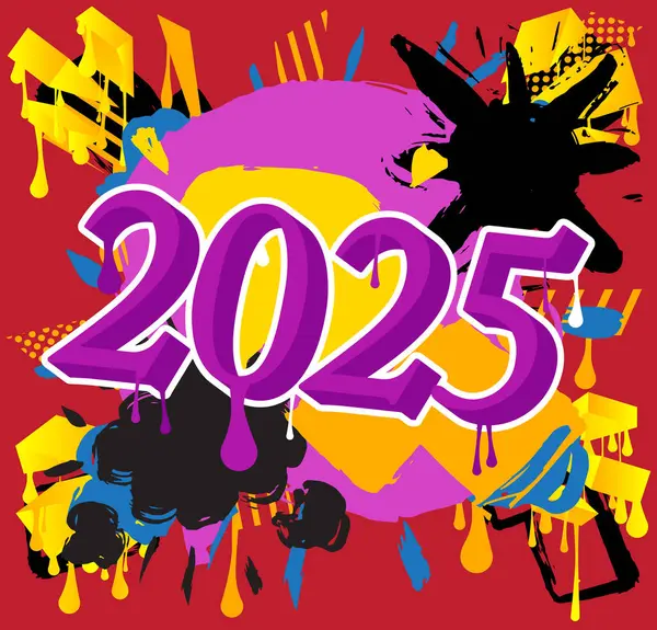 2025 Graffiti etiketi. Soyut modern sokak sanatı dekorasyonu kentsel resim tarzında gerçekleştirildi.