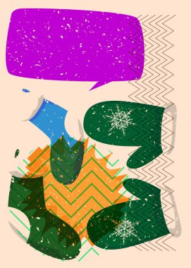 Risograph Mitten Eldiveni ve noel çorapları geometrik şekilli konuşma baloncukları. Geometri elemanları ile modayı gösteren riso grafik desen tasarımı nesneleri.