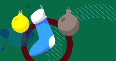 Noel çorabı ve dekorasyon topu geometrik grafik retro bayram temalı arka plan videosu. Minimum geometrik elementler animasyonu. Klasik soyut şekiller reklam için resimleme.