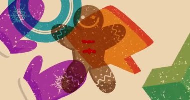 Risograph Mitten Eldiven ve Zencefilli Adam Noel Kurabiyesi ve geometrik şekilli konuşma balonu animasyonu. Moda riso grafik tasarım videosunda nesne taşınıyor.
