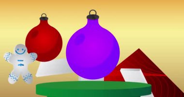 Noel süsleme topu ve zencefilli kurabiyeli kurabiye sergisi. Animasyon silindiri kaide podyumu. Sunum için sahne gösterisi videosu. En küçük geometrik biçimlerin taşınması.
