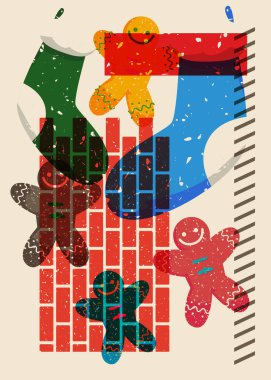 PrintRisograph Noel çorabı ve geometrik şekilli zencefilli kurabiye. Geometri elemanları ile modayı gösteren riso grafik desen tasarımı nesneleri.