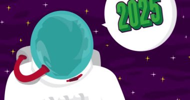 Uzayda 2025 numaralı astronot. Soyut çizgi film animasyonu. 4k HD Biçimli Çözünürlük videosu.