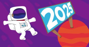 Uzayda 2025 numaralı astronot. Soyut çizgi film animasyonu. 4k HD Biçimli Çözünürlük videosu.