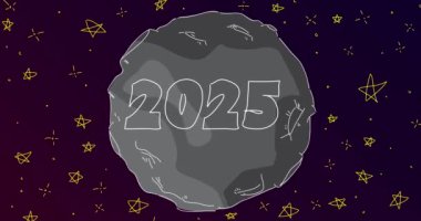 Gece gökyüzü ve yıldızlarla Ay 'da 2025 numara. Çizgi film animasyon videosu.