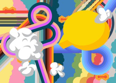 Retro 70 'lerin Konuşma Baloncuğu ile Geçmişi. Harika İletişim 1970 'lerin sanat şablonu. Minimalist Vintage tasarım posteri. Eski moda renkli sanat eserleri.