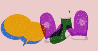 Risograph Mitten Eldiveni ve Noel çorapları ve geometrik şekilli konuşma balonu animasyonu. Moda riso grafik tasarım videosunda nesne taşınıyor.
