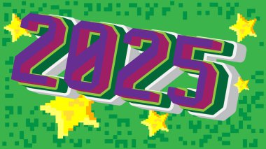 2025 numara geometrik grafik arkaplanlı pikselli kelime. Vektör çizgi film illüstrasyonu.