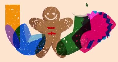 Risograph Noel çorabı ve zencefilli kurabiye ve geometrik şekilli konuşma balonu animasyonu. Moda riso grafik tasarım videosunda nesne taşınıyor.