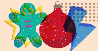 Risograph Noel süsleme topu ve geometrik şekilli zencefilli kurabiye. Moda riso grafik tasarım videosunda nesne taşınıyor.