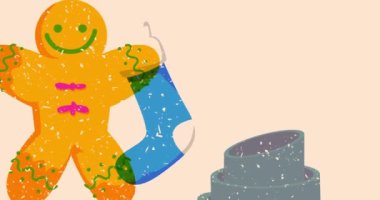 Risograph Noel çorabı ve zencefilli kurabiye ve geometrik şekilli konuşma balonu animasyonu. Moda riso grafik tasarım videosunda nesne taşınıyor.