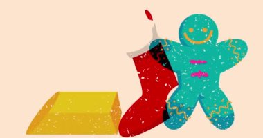 Risograph Noel çorabı ve zencefilli kurabiye ve geometrik şekilli konuşma balonu animasyonu. Moda riso grafik tasarım videosunda nesne taşınıyor.