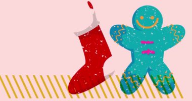 Risograph Noel çorabı ve geometrik şekilli zencefilli kurabiye. Moda riso grafik tasarım videosunda nesne taşınıyor.