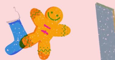 Risograph Noel çorabı ve geometrik şekilli zencefilli kurabiye. Moda riso grafik tasarım videosunda nesne taşınıyor.