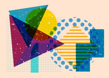 Renkli geometrik şekiller. Moda riso grafik tasarımlı nesne. Geometri ögeleri soyut risograf baskı desen biçimi.
