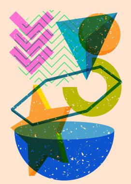 Renkli geometrik şekiller. Moda riso grafik tasarımlı nesne. Geometri ögeleri soyut risograf baskı desen biçimi.