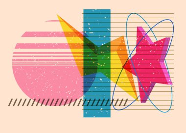 Renkli geometrik şekiller. Moda riso grafik tasarımlı nesne. Geometri ögeleri soyut risograf baskı desen biçimi.
