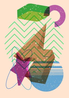 Renkli geometrik şekiller. Moda riso grafik tasarımlı nesne. Geometri ögeleri soyut risograf baskı desen biçimi.