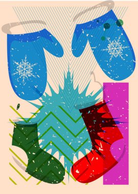 Risograph Mitten Eldiveni ve geometrik şekilli Noel çorapları. Geometri elemanları ile modayı gösteren riso grafik desen tasarımı nesneleri.