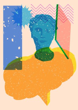 Geometrik şekilli konuşma baloncuklu Risograph Head Heykeli. Geometri elemanları ile modayı gösteren riso grafik desen tasarımı nesneleri.