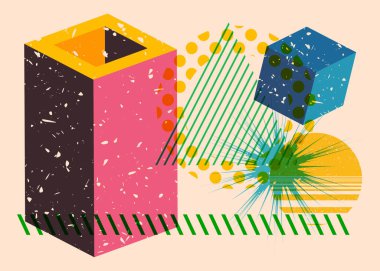 Renkli geometrik şekiller. Moda riso grafik tasarımlı nesne. Geometri ögeleri soyut risograf baskı desen biçimi.