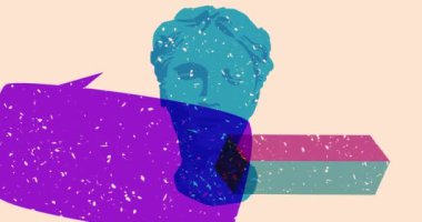 Risograph Head Heykeli ve geometrik şekilli konuşma balonu animasyonu. Moda riso grafik tasarım videosunda nesne taşınıyor.