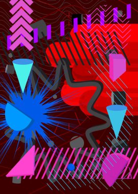 Yoğun geometrik elementler poster tasarımı. Çok renkli geometrik grafik retro tema kapağı. Poster pankartı için klasik soyut şekiller şablonu.