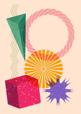 Renkli geometrik şekiller. Moda riso grafik tasarımlı nesne. Geometri ögeleri soyut risograf baskı desen biçimi.