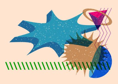 Renkli geometrik şekiller. Moda riso grafik tasarımlı nesne. Geometri ögeleri soyut risograf baskı desen biçimi.