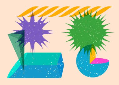 Renkli geometrik şekiller. Moda riso grafik tasarımlı nesne. Geometri ögeleri soyut risograf baskı desen biçimi.