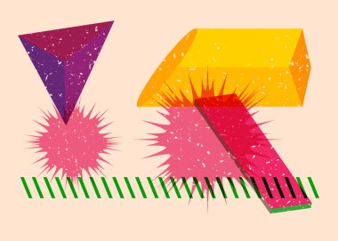 Renkli geometrik şekiller. Moda riso grafik tasarımlı nesne. Geometri ögeleri soyut risograf baskı desen biçimi.