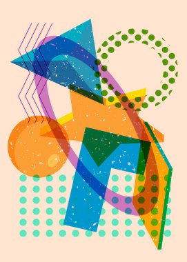 Renkli geometrik şekiller. Moda riso grafik tasarımlı nesne. Geometri ögeleri soyut risograf baskı desen biçimi.