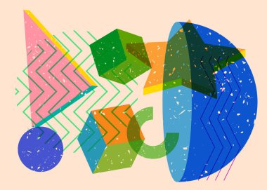 Renkli geometrik şekiller. Moda riso grafik tasarımlı nesne. Geometri ögeleri soyut risograf baskı desen biçimi.