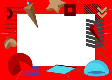 Mavi, Siyah, Kırmızı ve Kahverengi Geometrik grafik retro temalı metin için yer. Minimum geometrik elementler çerçevesi. Reklam için klasik soyut şekiller vektör illüstrasyonuName.