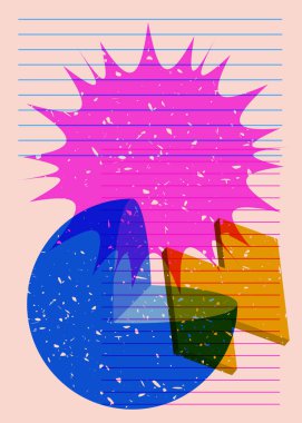 Renkli geometrik şekiller. Moda riso grafik tasarımlı nesne. Geometri ögeleri soyut risograf baskı desen biçimi.