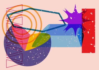 Renkli geometrik şekiller. Moda riso grafik tasarımlı nesne. Geometri ögeleri soyut risograf baskı desen biçimi.