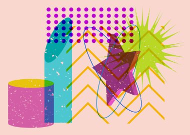 Renkli geometrik şekiller. Moda riso grafik tasarımlı nesne. Geometri ögeleri soyut risograf baskı desen biçimi.